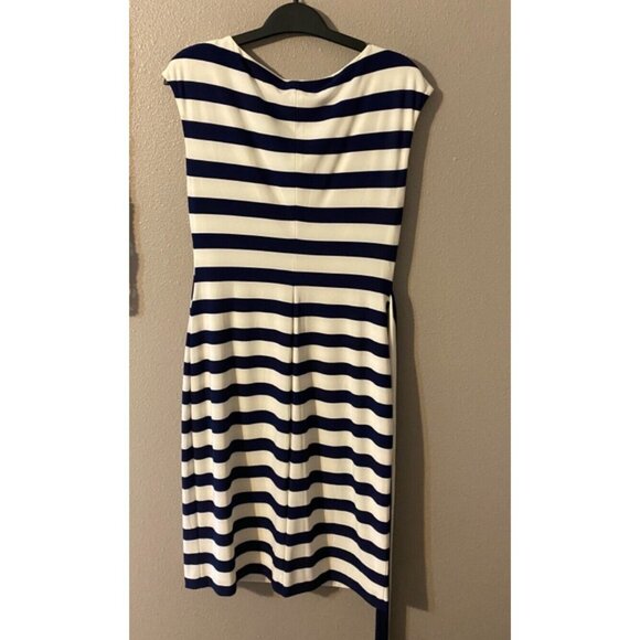 Ralph Lauren Dress Navy Blue Ivory 8 Stripe Stretch Washable Career Church - Picture 6 of 6